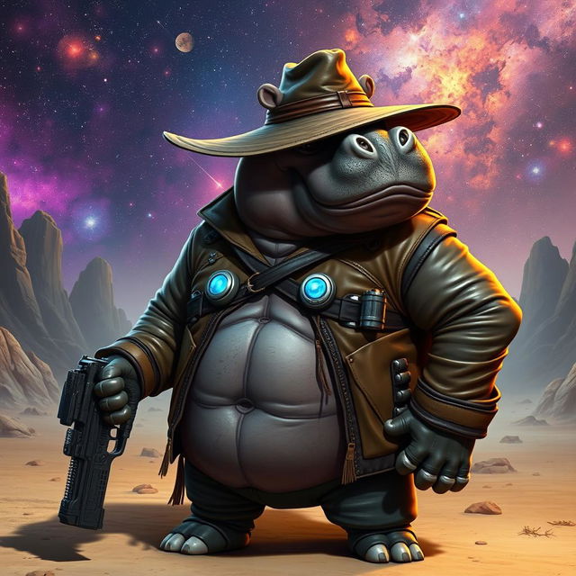 An adult galactic hippo gunslinger, showcasing a muscular physique, stands confidently on an alien desert planet, dressed in a rugged leather jacket adorned with futuristic embellishments