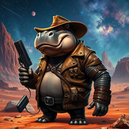 An adult galactic hippo gunslinger, showcasing a muscular physique, stands confidently on an alien desert planet, dressed in a rugged leather jacket adorned with futuristic embellishments