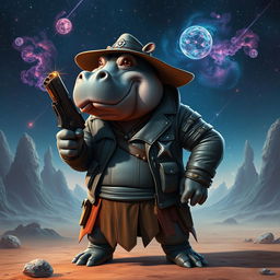 An adult galactic hippo gunslinger, showcasing a muscular physique, stands confidently on an alien desert planet, dressed in a rugged leather jacket adorned with futuristic embellishments