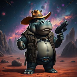 An adult galactic hippo gunslinger, showcasing a muscular physique, stands confidently on an alien desert planet, dressed in a rugged leather jacket adorned with futuristic embellishments