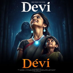 A striking film poster titled 'Devi', depicting a captivating 30-year-old unmarried Indian woman clad in a traditional saari and blouse