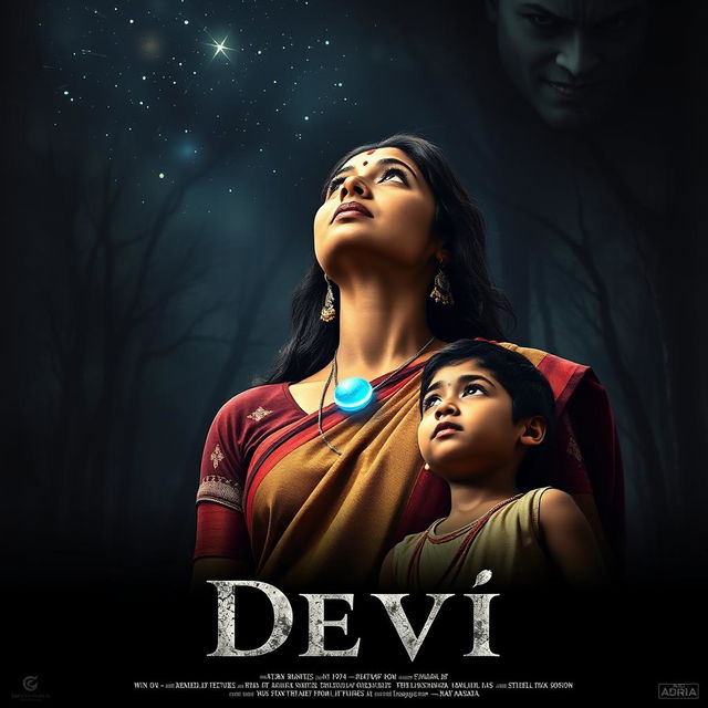 A striking film poster titled 'Devi', depicting a captivating 30-year-old unmarried Indian woman clad in a traditional saari and blouse