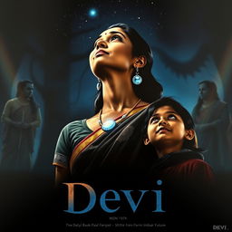 A striking film poster titled 'Devi', depicting a captivating 30-year-old unmarried Indian woman clad in a traditional saari and blouse