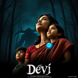 A striking film poster titled 'Devi', depicting a captivating 30-year-old unmarried Indian woman clad in a traditional saari and blouse