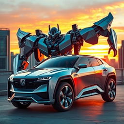 A Lada Largus Transformer, showcasing an imaginative and futuristic version of the vehicle, displaying a sleek and dynamic design with robotic features