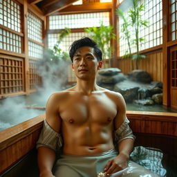 A sexy Japanese man relaxing in a traditional bathhouse, featuring wooden architecture and shoji screens