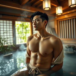 A sexy Japanese man relaxing in a traditional bathhouse, featuring wooden architecture and shoji screens