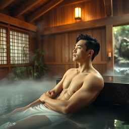 A sexy Japanese man relaxing in a traditional bathhouse, featuring wooden architecture and shoji screens