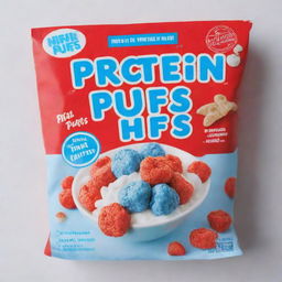 A vibrant blue cereal box with the title 'Protein Puffs' in bold red letters, enclosed within a white border.