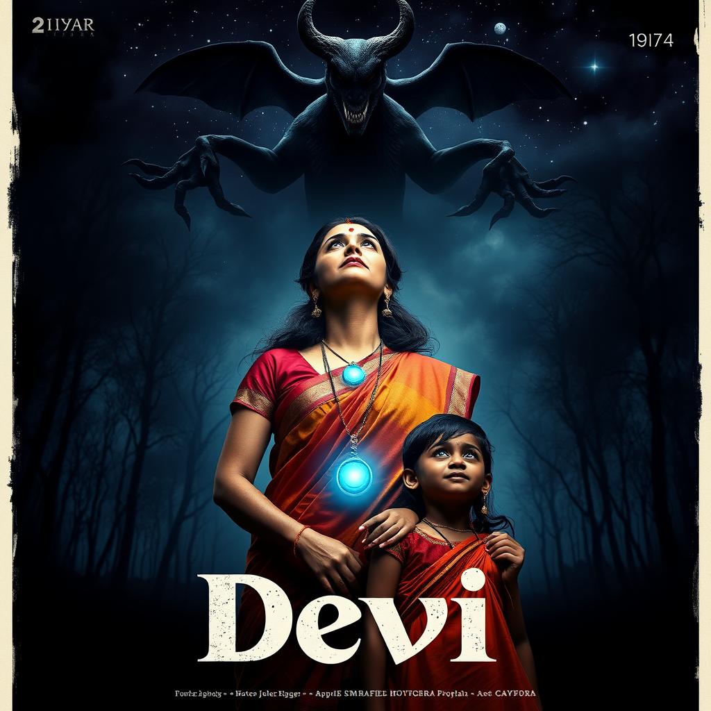 A dramatic film poster titled 'Devi', showcasing a stunning 30-year-old unmarried Indian woman in a vibrant saari and blouse