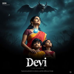 A dramatic film poster titled 'Devi', showcasing a stunning 30-year-old unmarried Indian woman in a vibrant saari and blouse