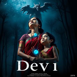 A dramatic film poster titled 'Devi', showcasing a stunning 30-year-old unmarried Indian woman in a vibrant saari and blouse