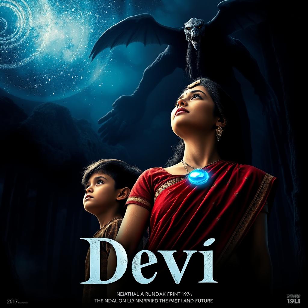 A dramatic film poster titled 'Devi', showcasing a stunning 30-year-old unmarried Indian woman in a vibrant saari and blouse