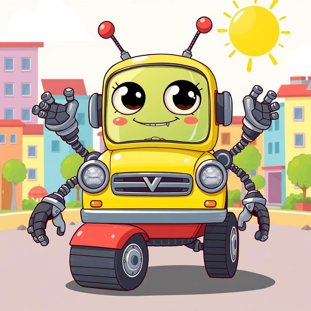 A whimsical cartoon-style illustration of a Lada Largus car designed as a robot