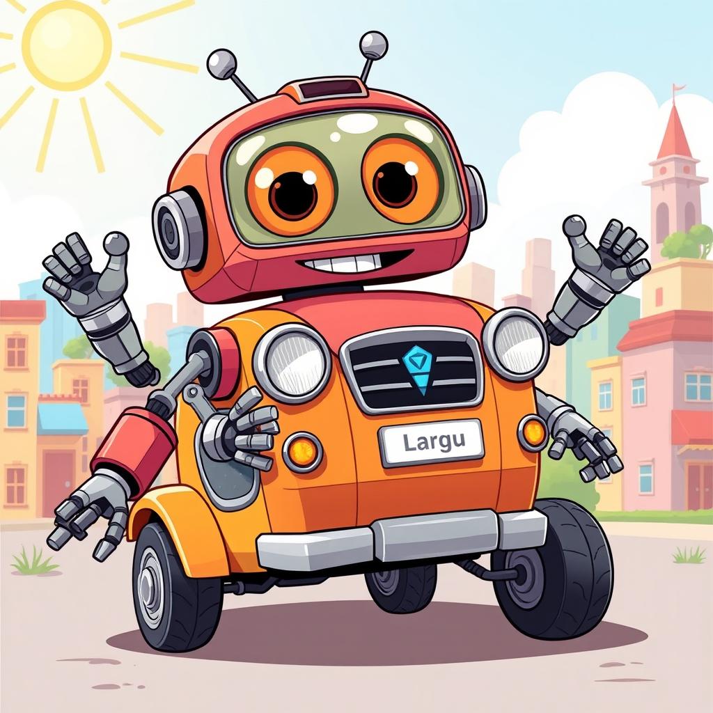 A whimsical cartoon-style illustration of a Lada Largus car designed as a robot