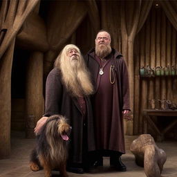 Rubeus Hagrid, an imposing figure with shaggy hair and beard, wearing a large, rugged coat, and holding an umbrella; accompanied by his trusty canine, Fang, against the rustic backdrop of Hagrid's wooden hut in Hogwarts.