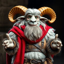 A large, tough male anthropomorphic sheep with gray and white long, puffy hair, large curling ram horns, and a massive thick beard adorned with knots