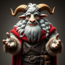 A large, tough male anthropomorphic sheep with gray and white long, puffy hair, large curling ram horns, and a massive thick beard adorned with knots