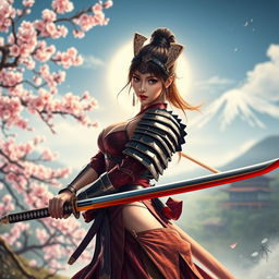 A sexy Japanese samurai, beautifully depicted, wearing traditional samurai armor that showcases her curves and femininity