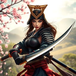 A sexy Japanese samurai, beautifully depicted, wearing traditional samurai armor that showcases her curves and femininity