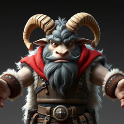 A large, tough male anthropomorphic sheep with gray and white long, puffy hair and huge curling ram horns