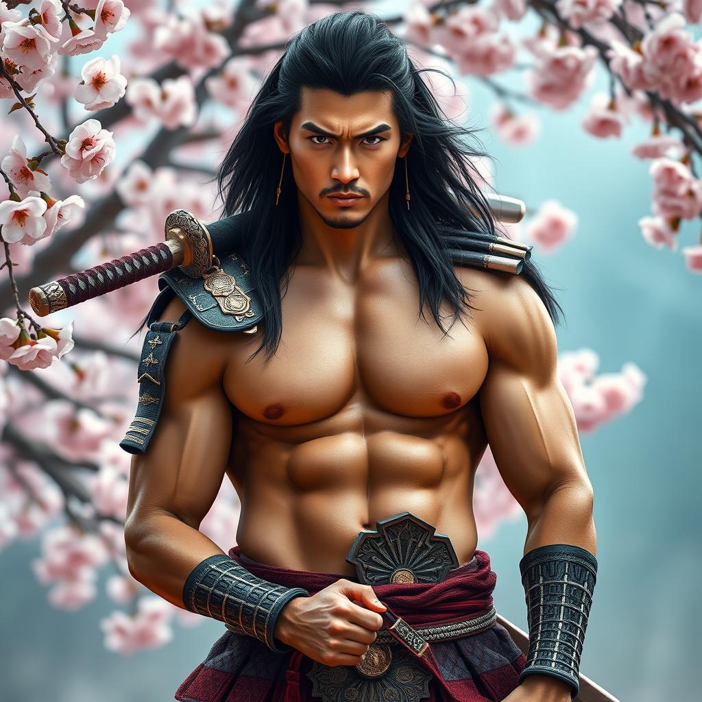 A sexy Japanese male samurai standing confidently, wearing traditional samurai armor that showcases his muscular build and captivating presence