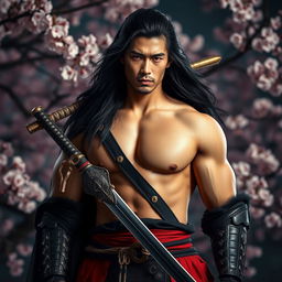 A sexy Japanese male samurai standing confidently, wearing traditional samurai armor that showcases his muscular build and captivating presence