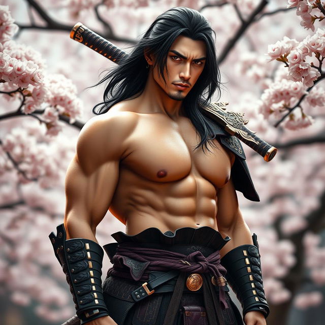 A sexy Japanese male samurai standing confidently, wearing traditional samurai armor that showcases his muscular build and captivating presence