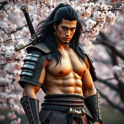 A sexy Japanese male samurai standing confidently, wearing traditional samurai armor that showcases his muscular build and captivating presence