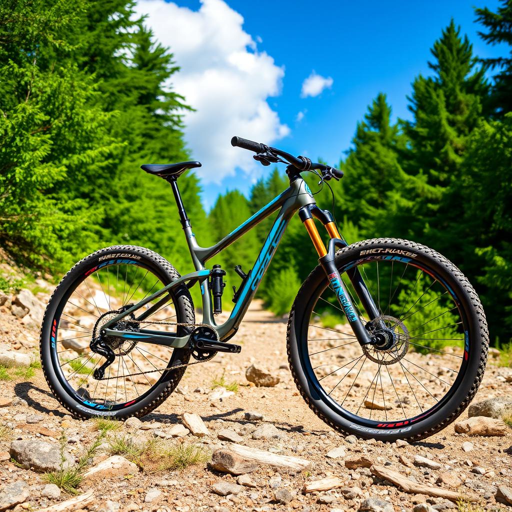 A high-performance mountain bike showcased on a rocky trail surrounded by lush green forest