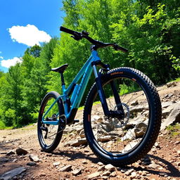 A high-performance mountain bike showcased on a rocky trail surrounded by lush green forest