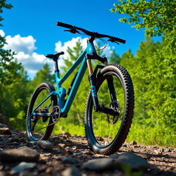 A high-performance mountain bike showcased on a rocky trail surrounded by lush green forest