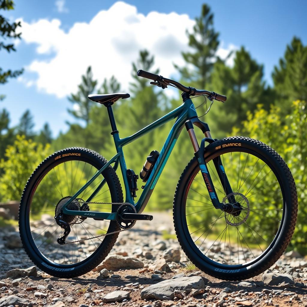 A high-performance mountain bike showcased on a rocky trail surrounded by lush green forest