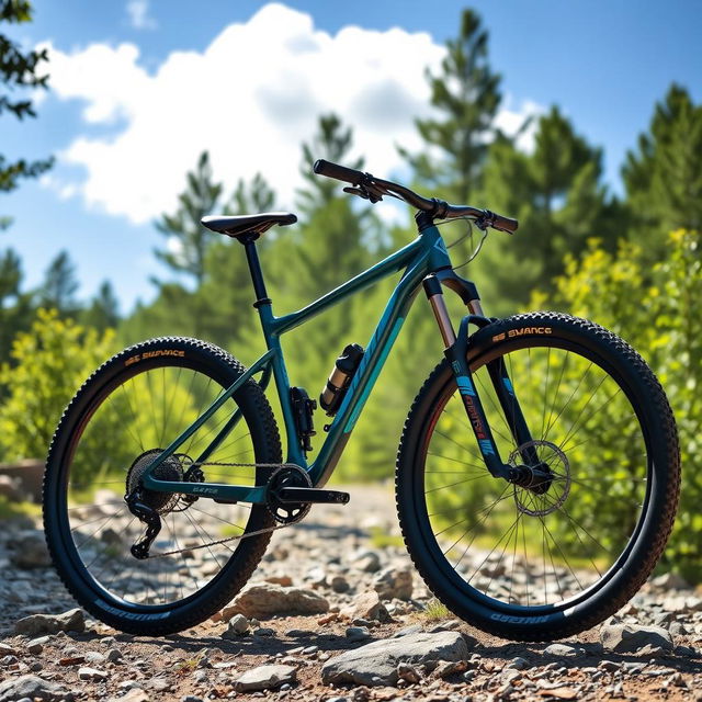 A high-performance mountain bike showcased on a rocky trail surrounded by lush green forest