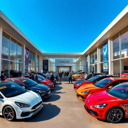 A vibrant car dealership showcasing a variety of sleek and colorful cars lined up outside an inviting showroom