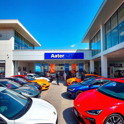 A vibrant car dealership showcasing a variety of sleek and colorful cars lined up outside an inviting showroom