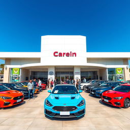 A vibrant car dealership showcasing a variety of sleek and colorful cars lined up outside an inviting showroom