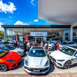 A vibrant car dealership showcasing a variety of sleek and colorful cars lined up outside an inviting showroom