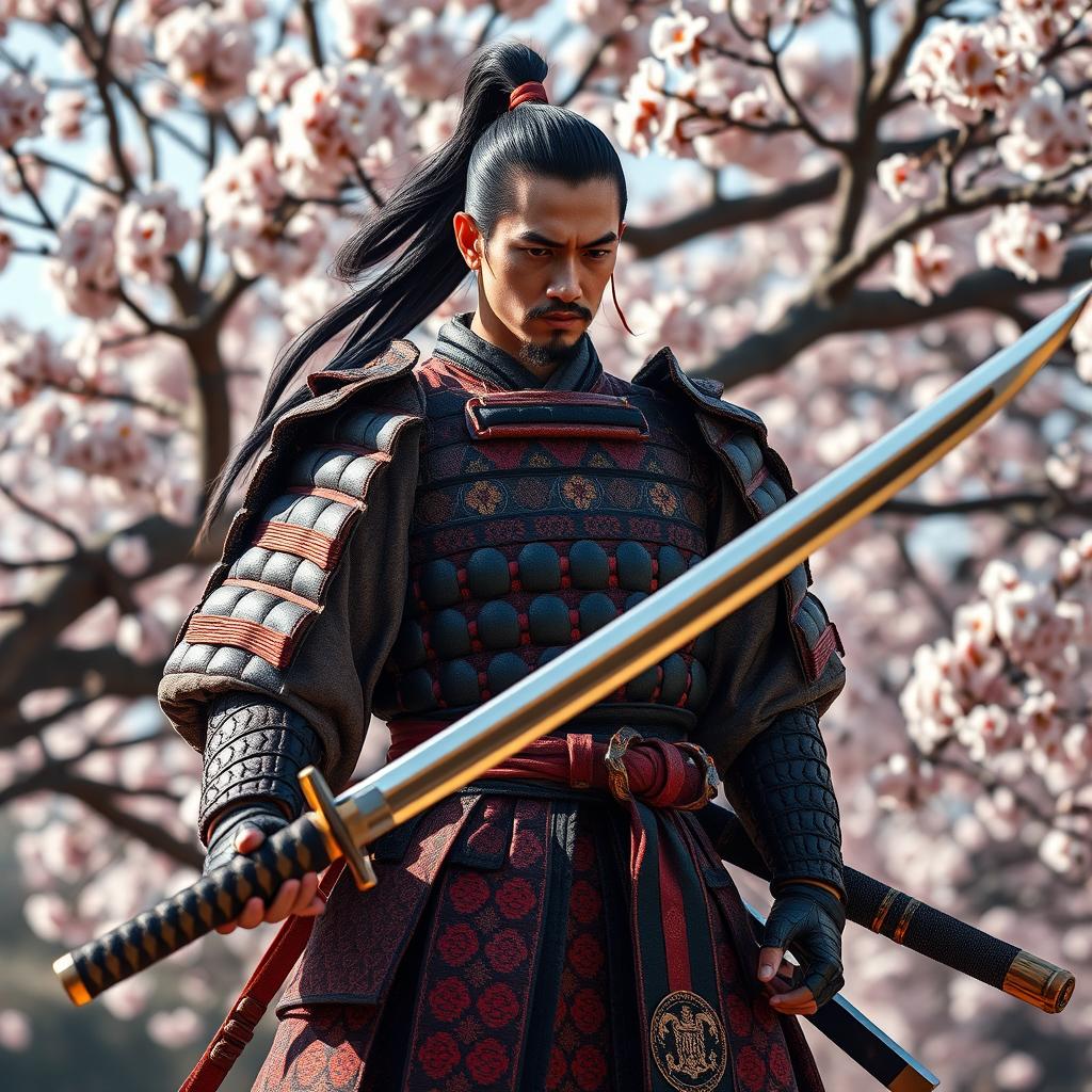 A powerful scene featuring a Japanese male samurai standing proudly with a huge katana, dressed in traditional samurai armor, adorned with intricate patterns and vibrant colors