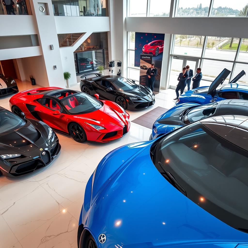 An interior view of an upscale car dealership showcasing a collection of stunning supercars