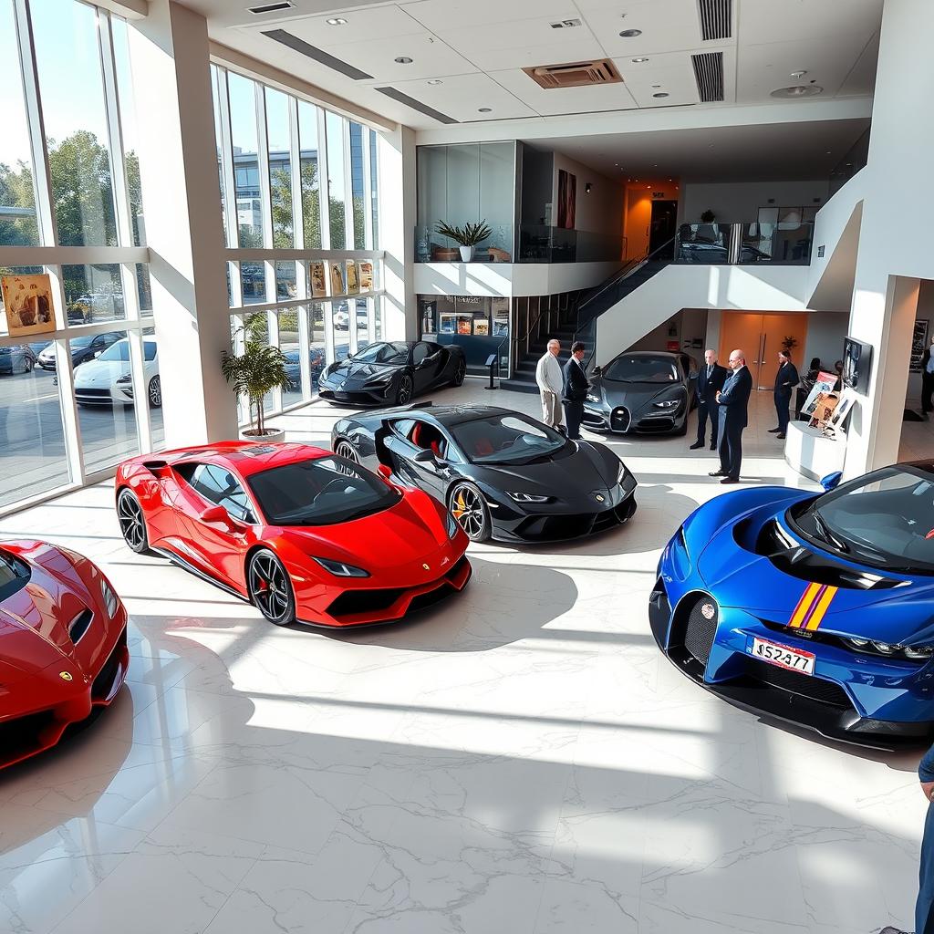 An interior view of an upscale car dealership showcasing a collection of stunning supercars