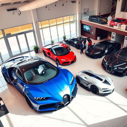 An interior view of an upscale car dealership showcasing a collection of stunning supercars