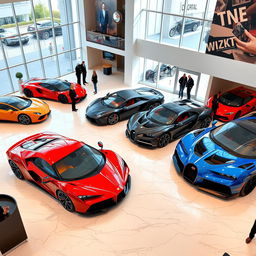 An interior view of an upscale car dealership showcasing a collection of stunning supercars