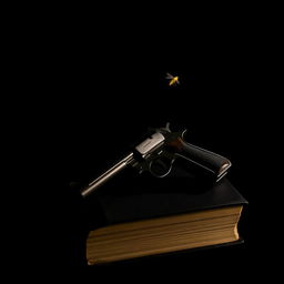 A dark book cover featuring a vintage pistol placed ominously on the side