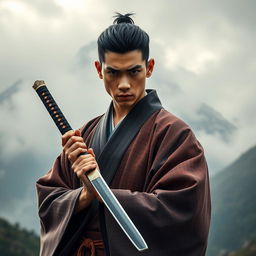 A striking image of a Japanese male samurai holding a small katana, dressed in traditional samurai attire with a beautifully designed kimono featuring rich textures and deep colors