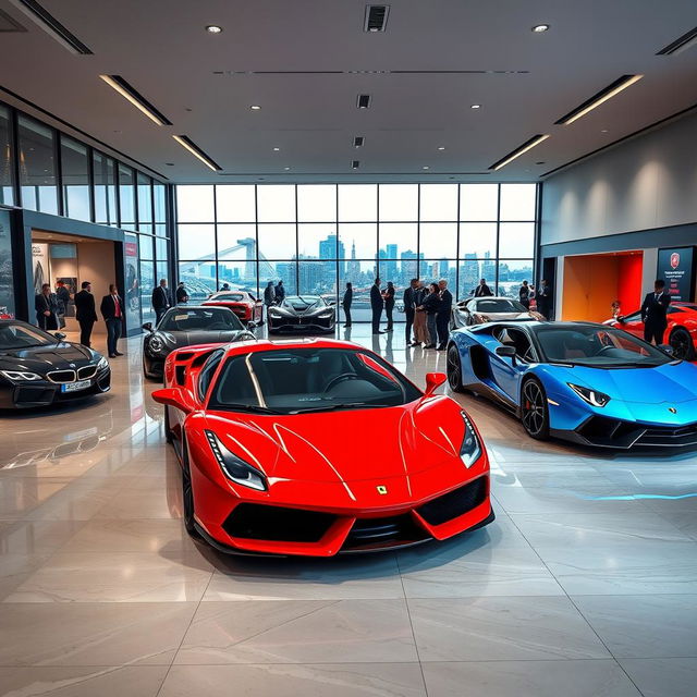 A high-resolution interior shot of a luxury car dealership showcasing an array of stunning supercars