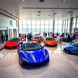 A high-resolution interior shot of a luxury car dealership showcasing an array of stunning supercars