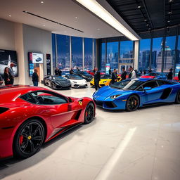 A high-resolution interior shot of a luxury car dealership showcasing an array of stunning supercars