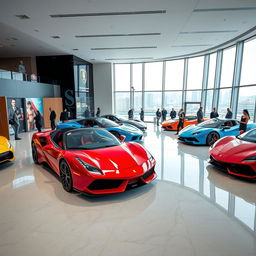 A high-resolution interior shot of a luxury car dealership showcasing an array of stunning supercars