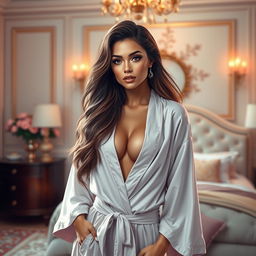 A digital artwork of a beautiful and confident woman resembling a pop star, standing in a luxurious bedroom with soft lighting